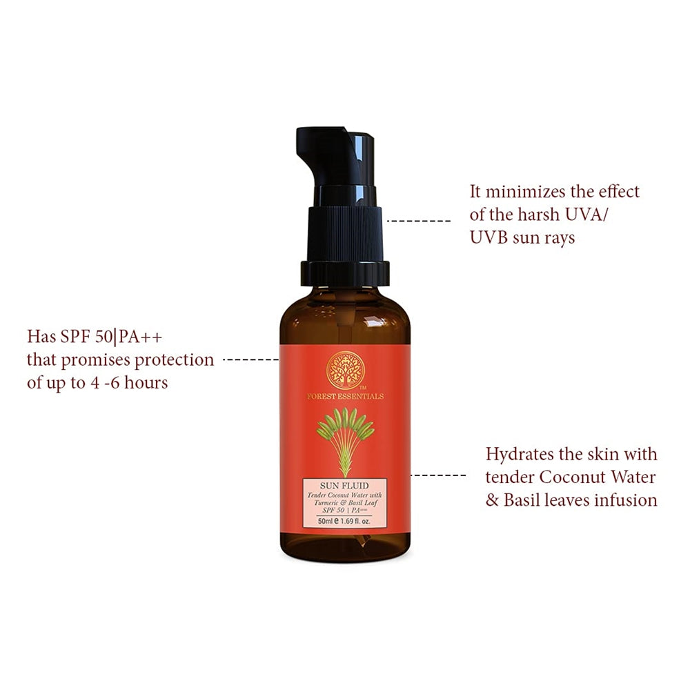 Forest Essentials Sun Fluid Tender Coconut Water with Turmeric & Basil Leaf SPF 50|PA + + Forest Essentials Sun Fluid Tender Coconut Water with Turmeric & Basil Leaf SPF 50|PA + +