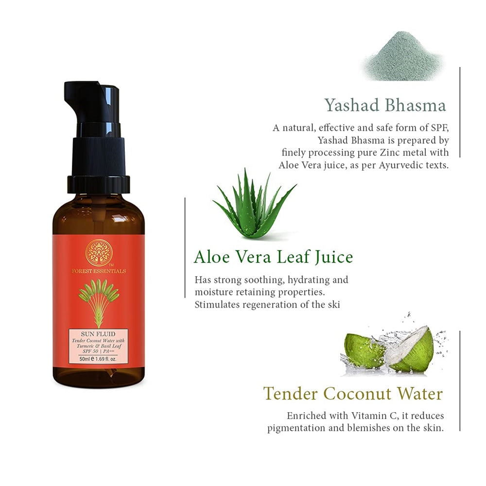 Forest Essentials Sun Fluid Tender Coconut Water with Turmeric & Basil Leaf SPF 50|PA + + Forest Essentials Sun Fluid Tender Coconut Water with Turmeric & Basil Leaf SPF 50|PA + +