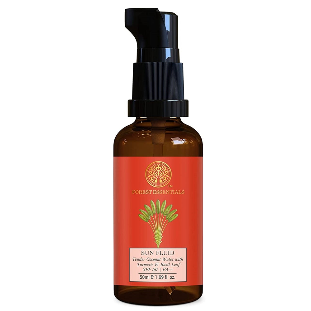 Forest Essentials Sun Fluid Tender Coconut Water with Turmeric & Basil Leaf SPF 50|PA + + Forest Essentials Sun Fluid Tender Coconut Water with Turmeric & Basil Leaf SPF 50|PA + +