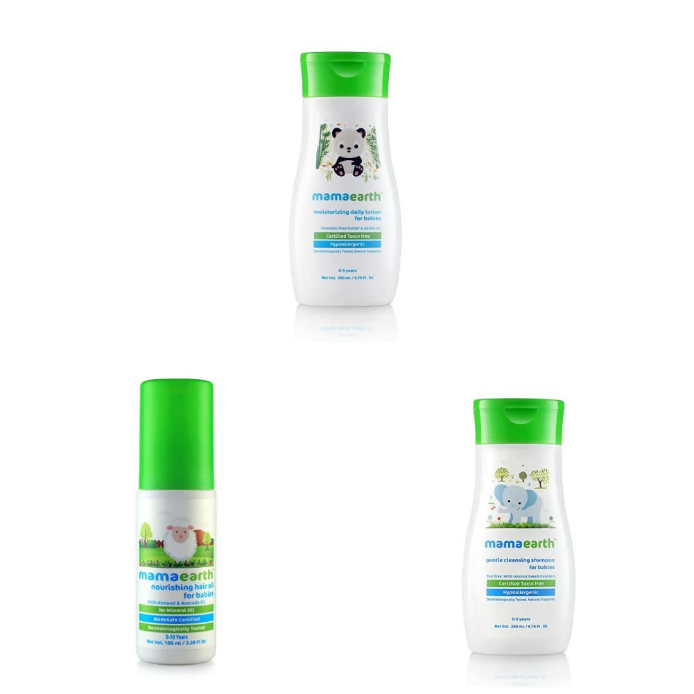 Mamaearth Daily Moisturizing Lotion & Gentle Cleansing Shampoo & Nourishing Hair Oil for Babies