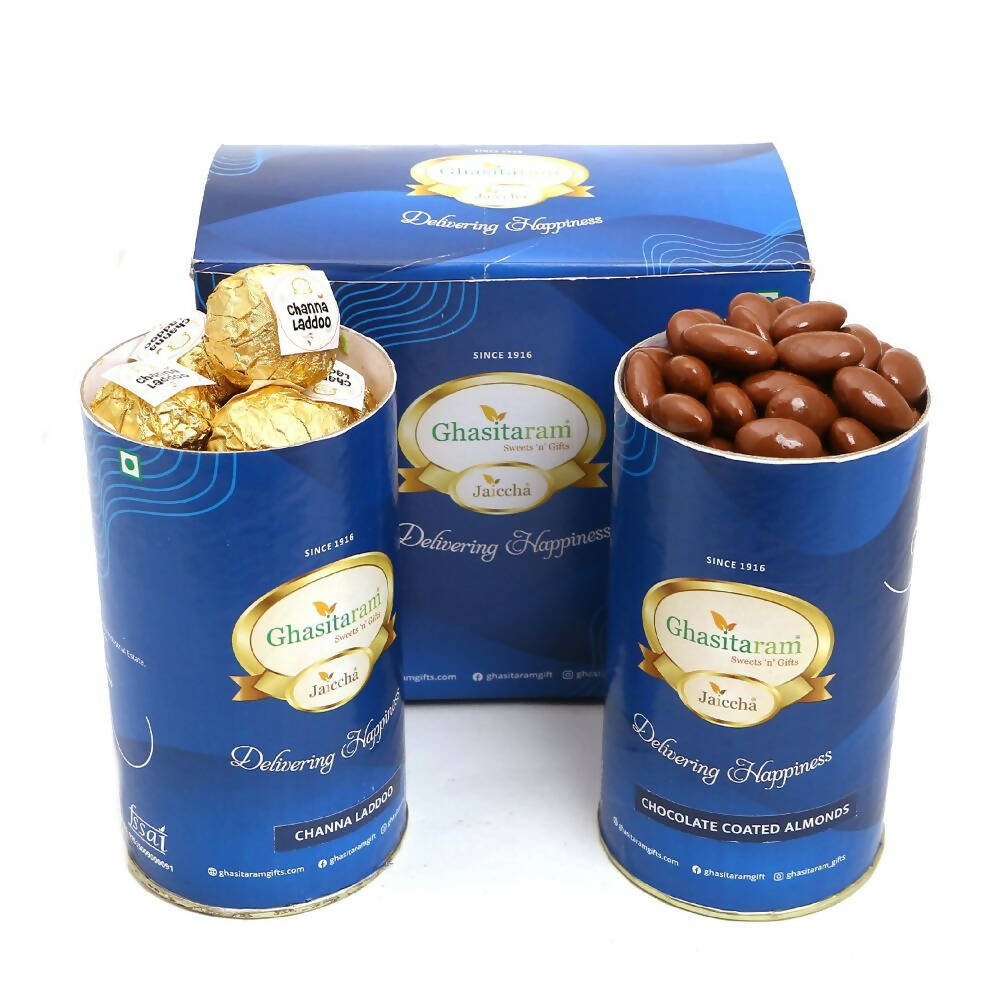 Ghasitaram Channa Laddoo & Chocolate Coated Almond Cans - Safuron