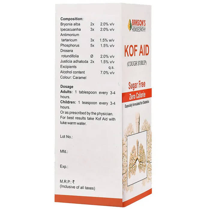 Bakson's Homeopathy Kof Aid Syrup Sugar Free Bakson's Homeopathy Kof Aid Syrup Sugar Free