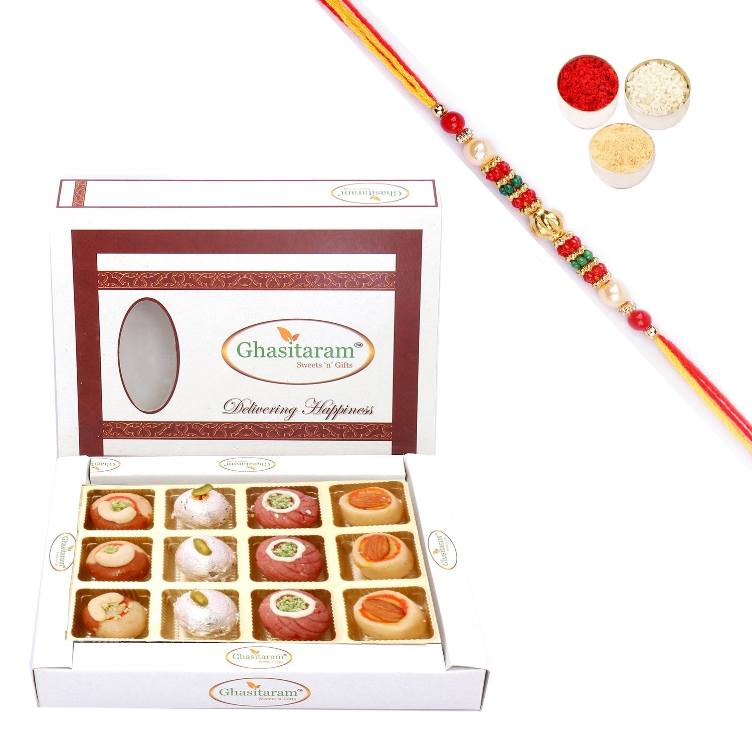 Ghasitaram Assorted Sweets in White Box With Pearl Beads Rakhi - Safuron