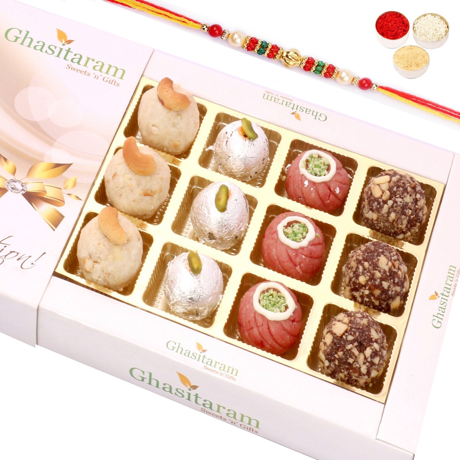 Ghasitaram Assorted Dryfruit Sweets in White Box With Pearl Beads Rakhi - Safuron