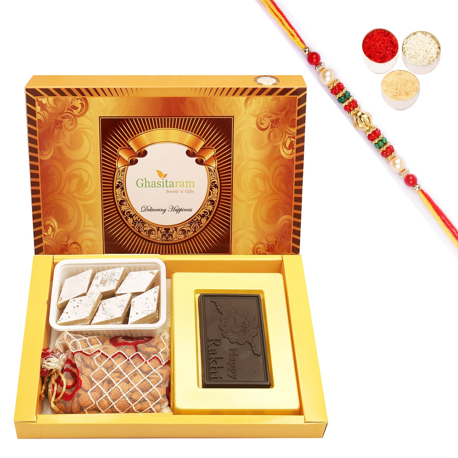 Ghasitaram Happy Rakhi Chocolate, Almonds and Kaju Katli With Pearl Beads Rakhi - Safuron