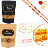Ghasitaram Besan Barfi, Methi Mathi and Almonds With 2 Pearl Beads Rakhis - Safuron