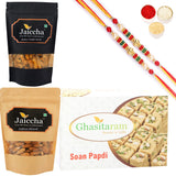 Ghasitaram Soan Papdi, Butter Chakli Sticks and Almonds With 2 Pearl Beads Rakhis - Safuron