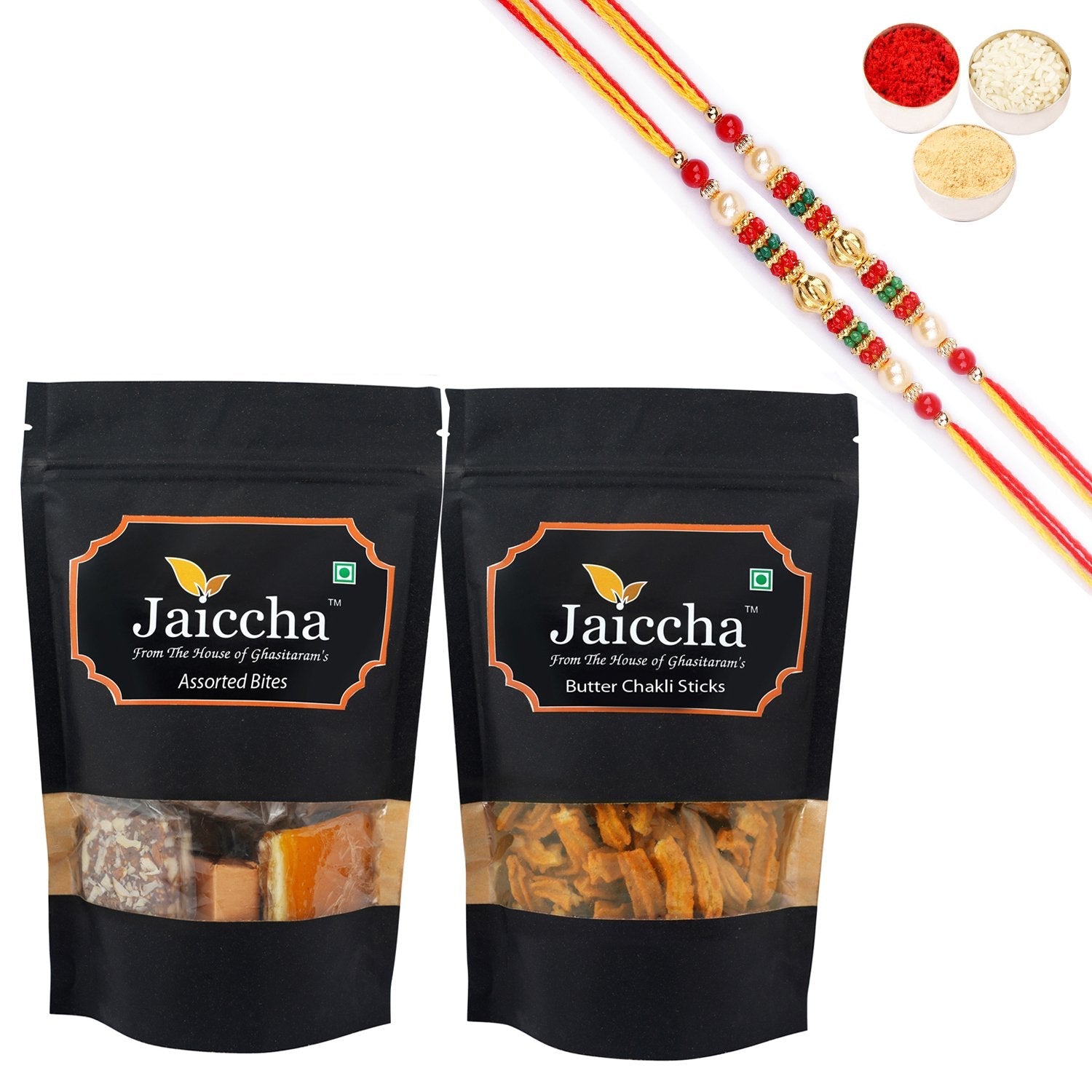 Ghasitaram Assorted Bites and Butter Chakli Sticks With 2 Pearl Beads Rakhis - Safuron