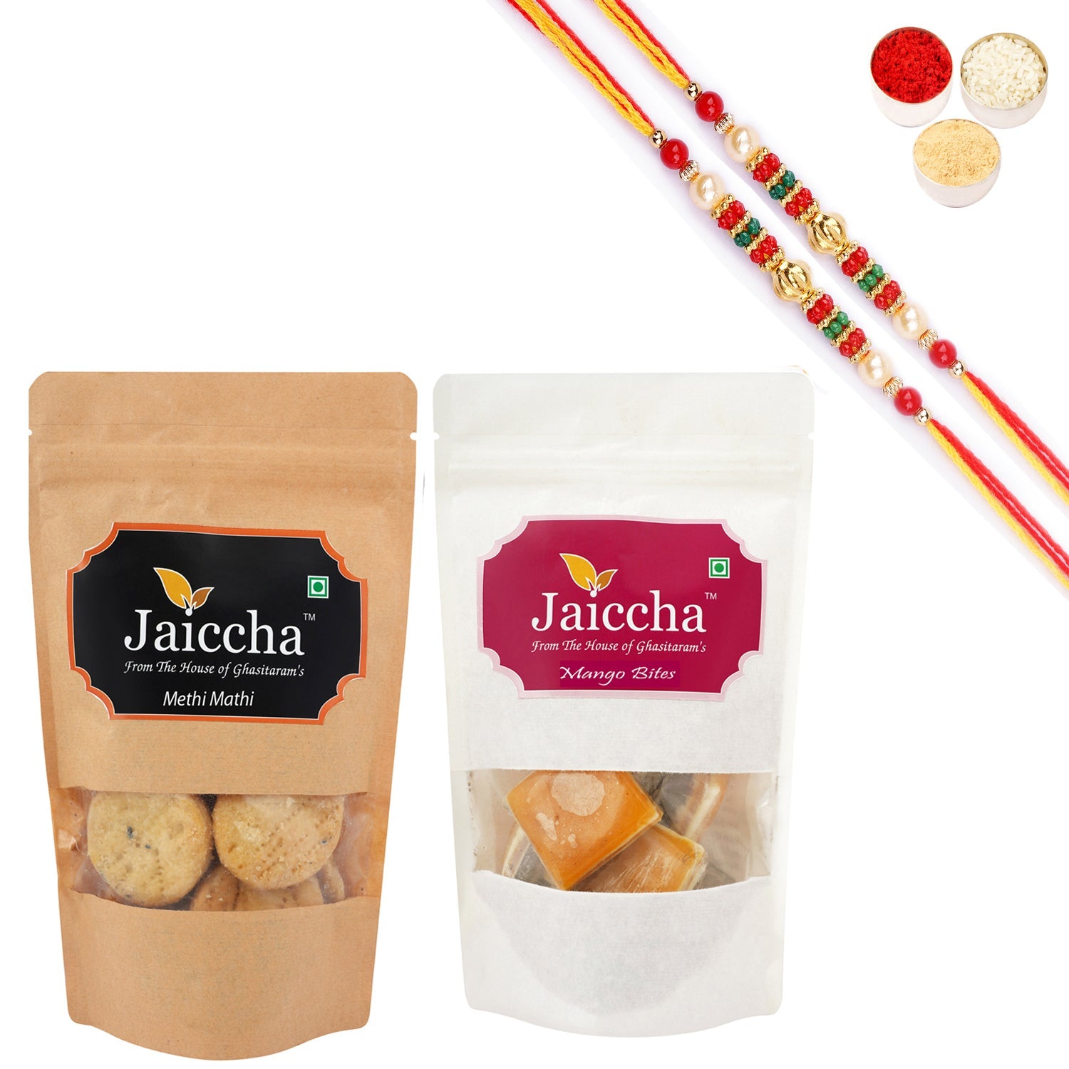 Ghasitaram Jaiccha Mango Bites and Methi Mathi With 2 Pearl Beads Rakhis - Safuron