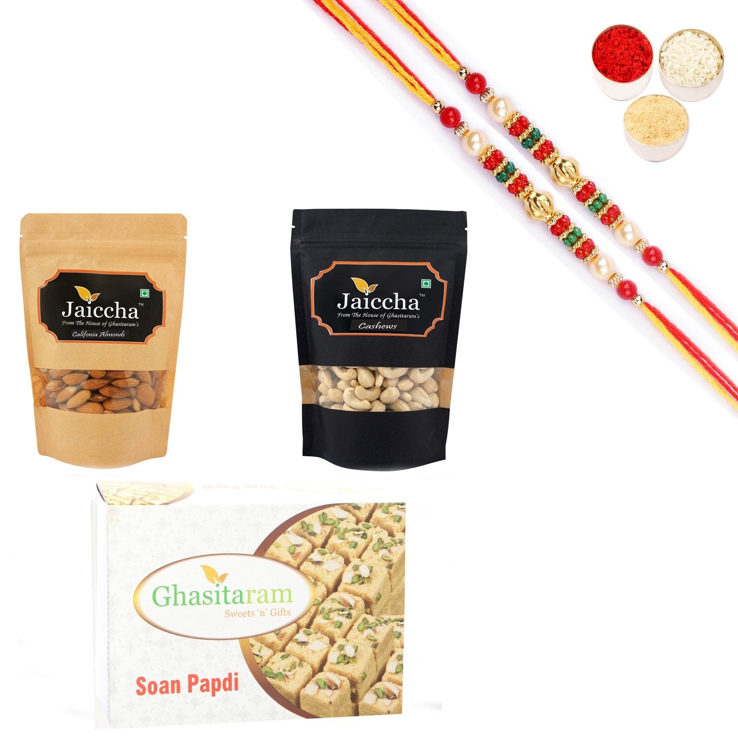 Ghasitaram Almonds, Cashews and Soan Papdi With Pearl Beads Rakhi - Safuron