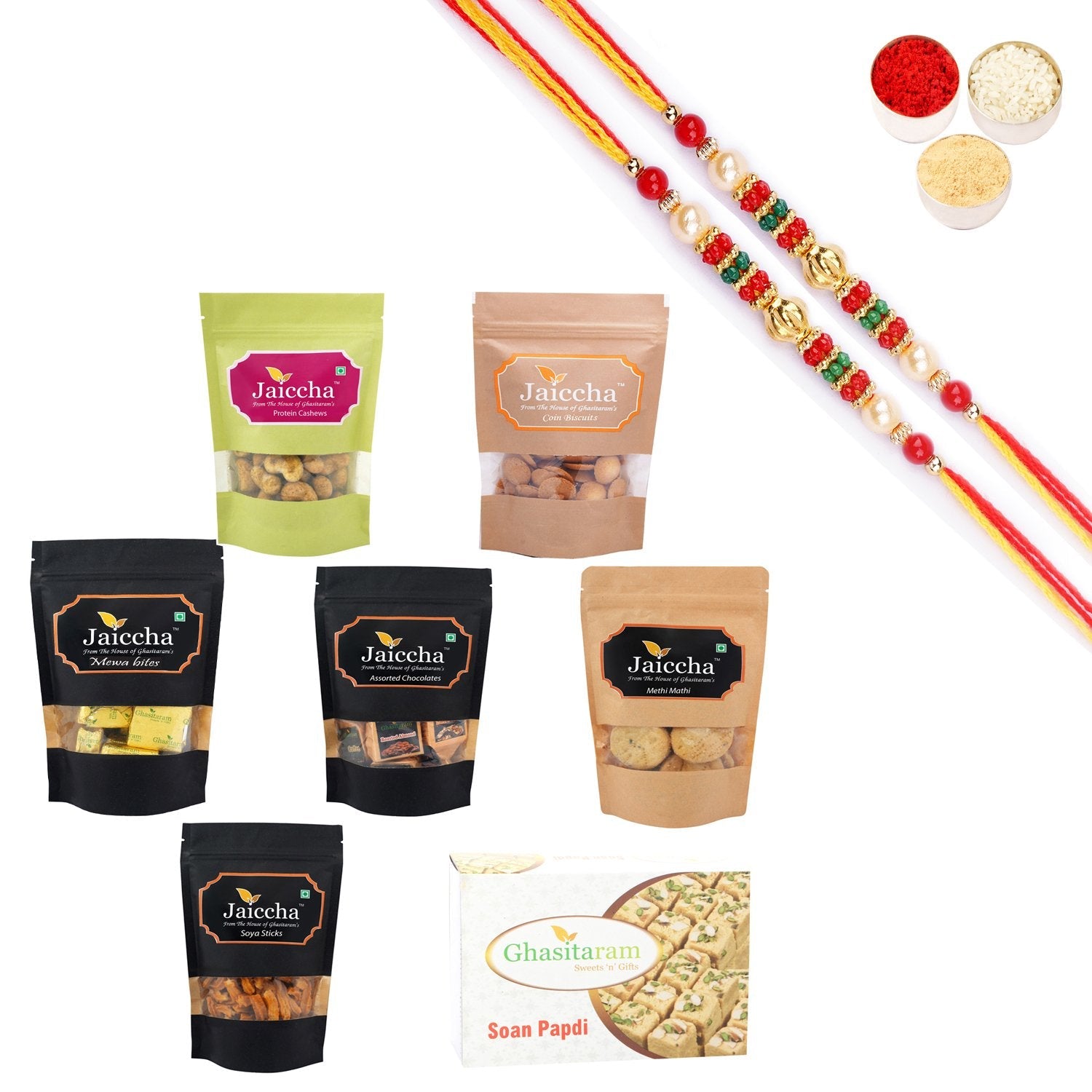Ghasitaram Best of 7 Sweets and Snacks with Pearl Beads Rakhi Combo - Safuron