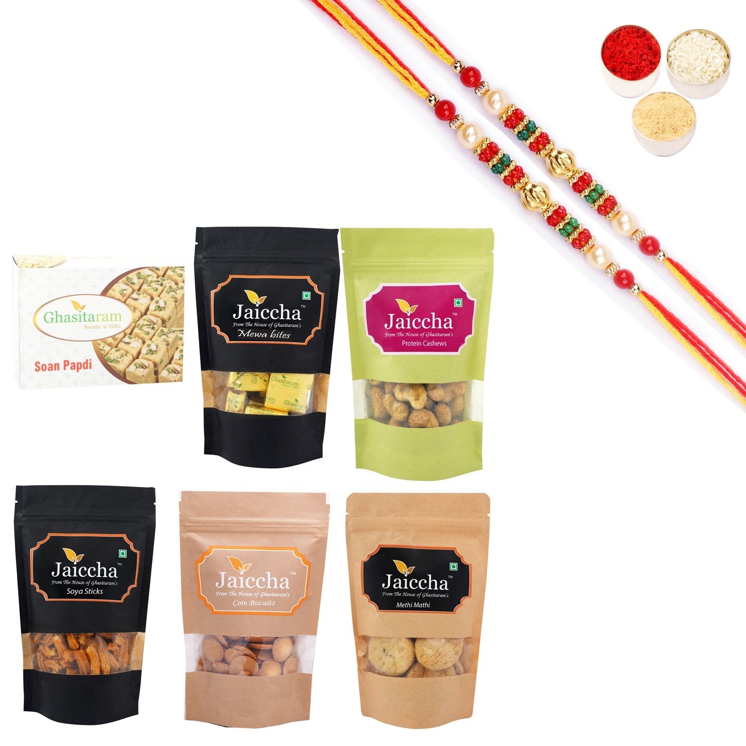 Ghasitaram Best of 6 Sweets and Snacks with Pearl Beads Rakhi Combo - Safuron