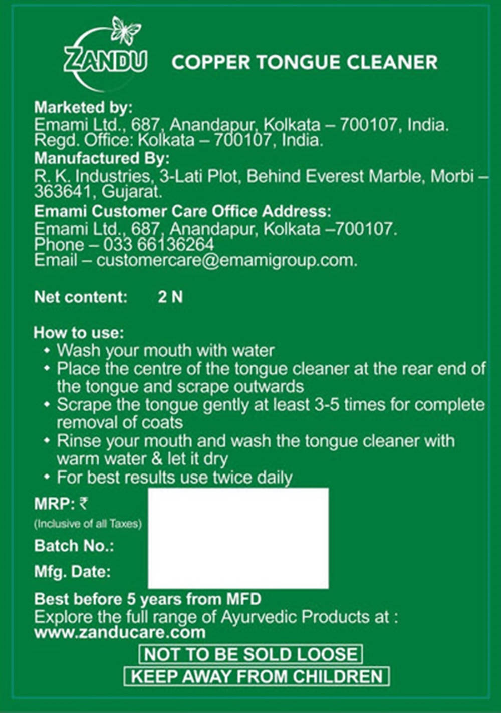 Zandu Copper Tongue Cleaner Zandu Copper Tongue Cleaner