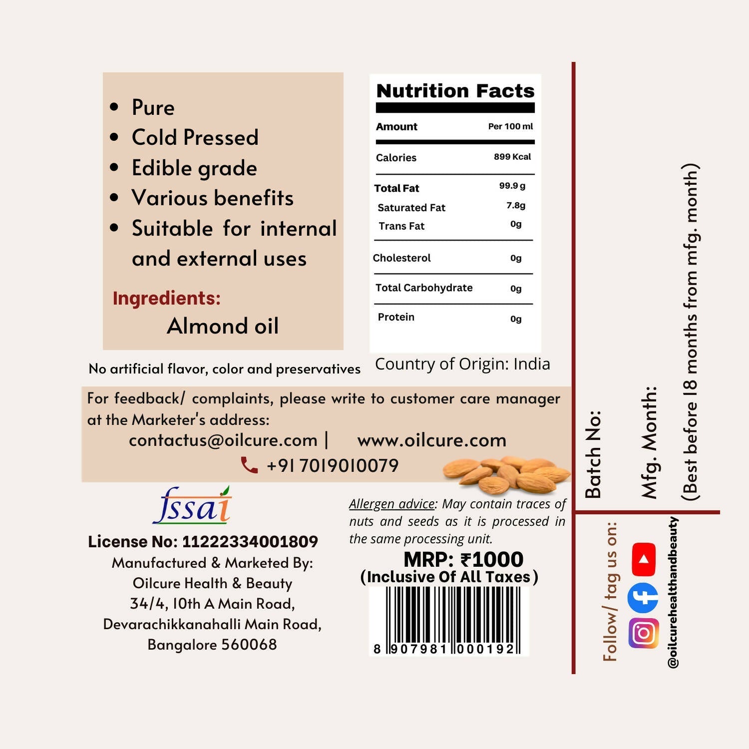 Oilcure Almond Oil Cold Pressed Oilcure