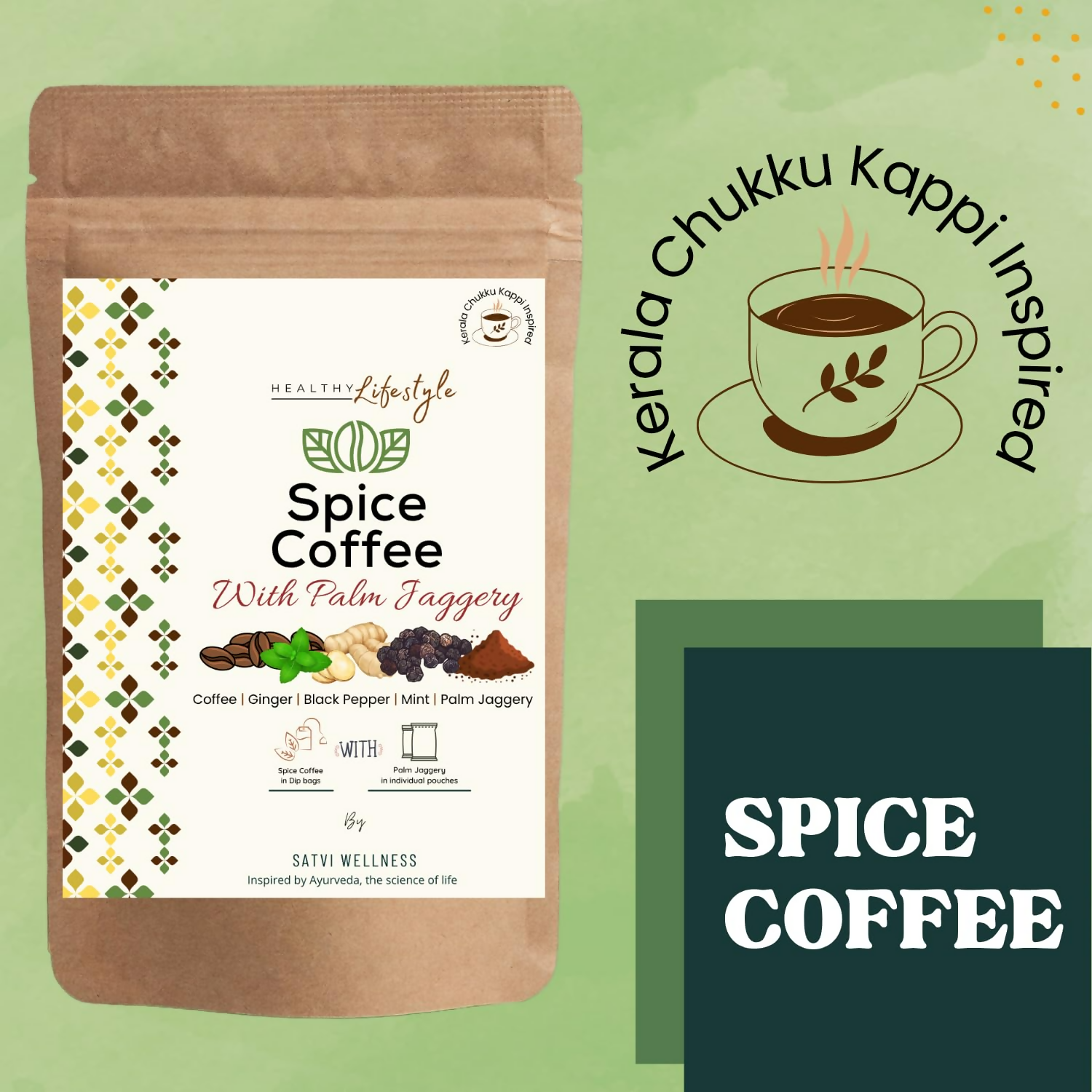 Satvi Wellness Chukkukappi With Mint And Palm Jaggery Blend Of Coffee Powder With Ginger, Black Pepper & Mint In Biodegradable Tea Bags | Spice and Mint Coffee | Herbal Infusions Satvi Wellness