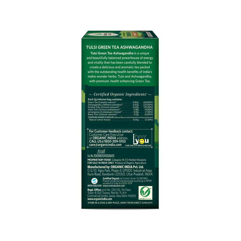 Organic India Tulsi Green Tea Ashwagandha - Herbal Sleep Tea, Caffine Free Organic India
