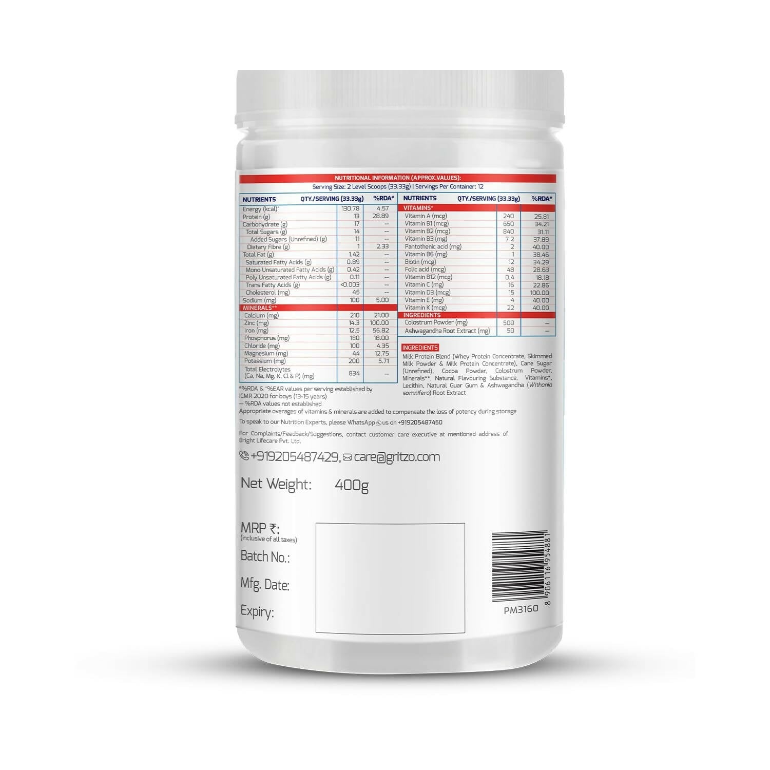 Gritzo Supermilk Height+ Health Drink For 13+Y Boys - Double Chocolate Gritzo