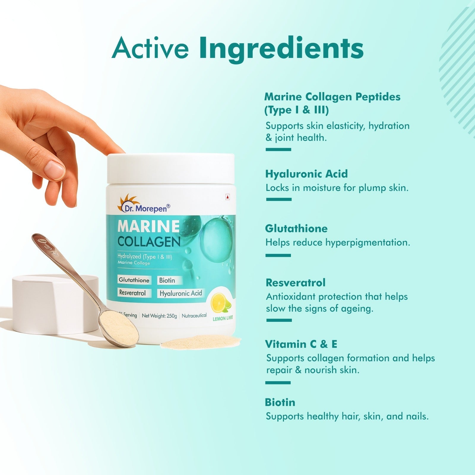Dr. Morepan Marine Collagen Powder with Glutathione, Hyaluronic Acid, Resveratrol & Biotin Lemon Lime Flavour Dr. Morepen