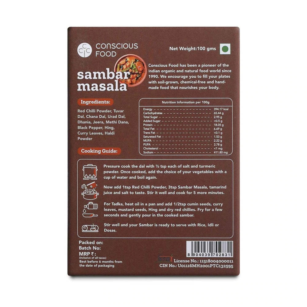Conscious Food Sambar Masala Powder Conscious Food