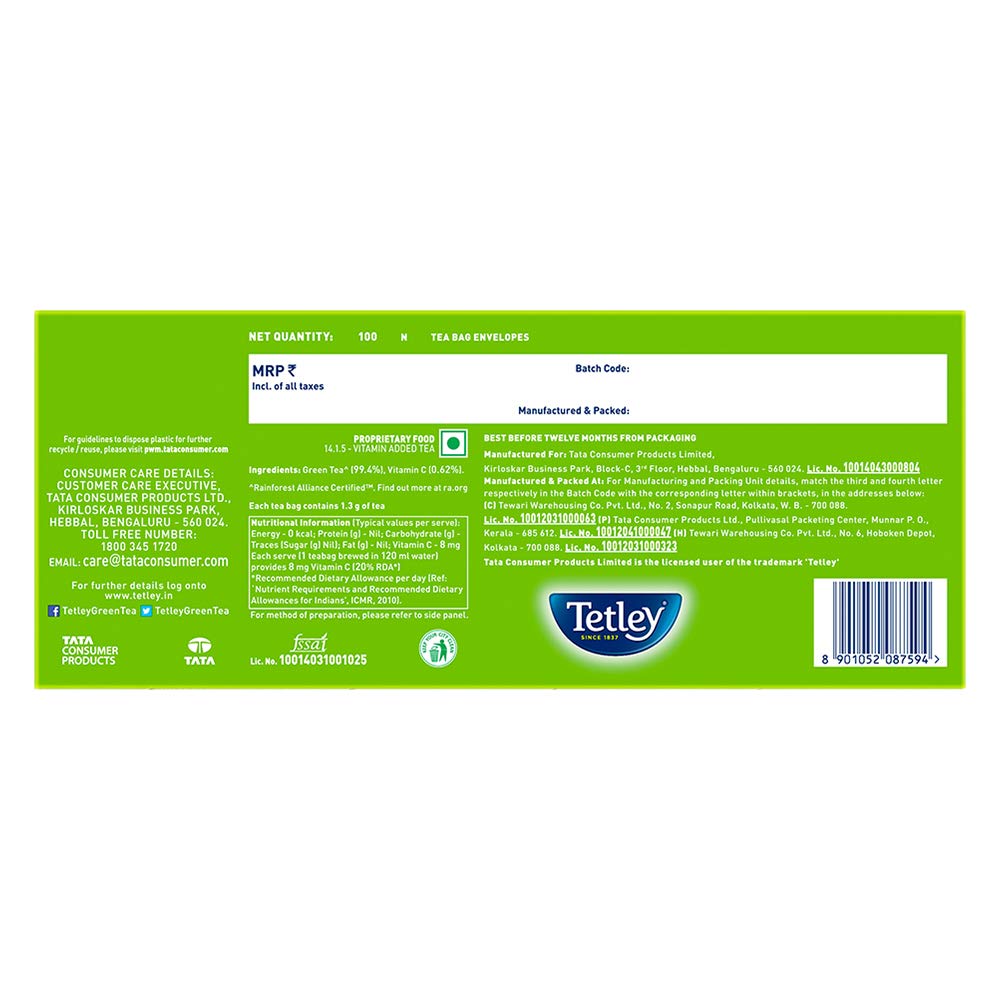 Tetley Green Tea Regular (100 Tea Bags) Tetley