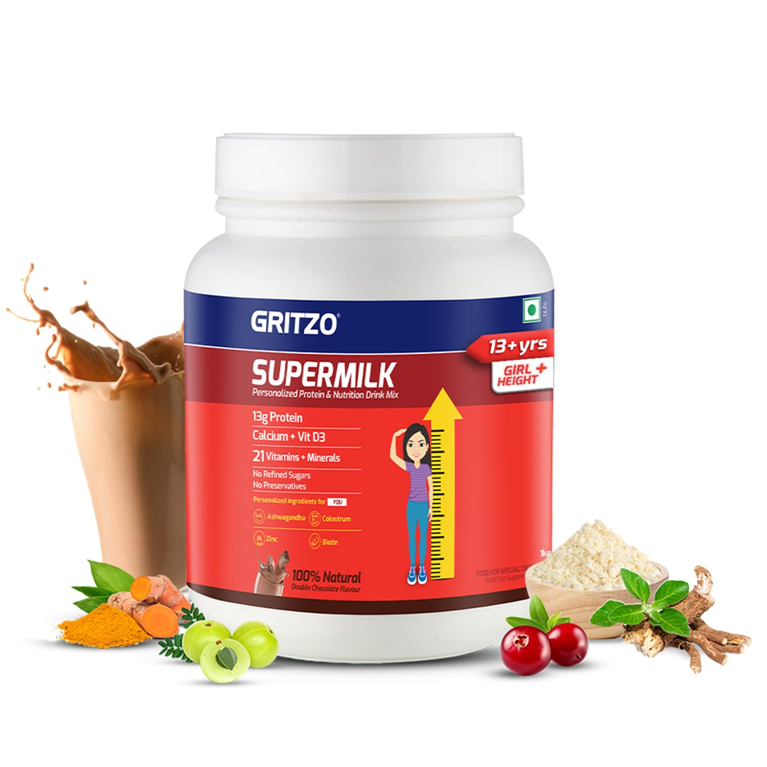 Gritzo Supermilk Height+ Health Drink For 13+Y Girls - Double Chocolate Gritzo