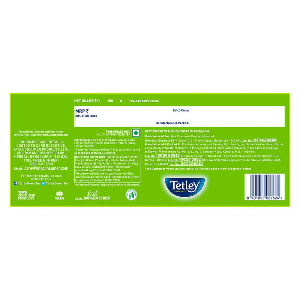 Tetley Green Tea Lemon and Honey (100 Tea Bags) Tetley