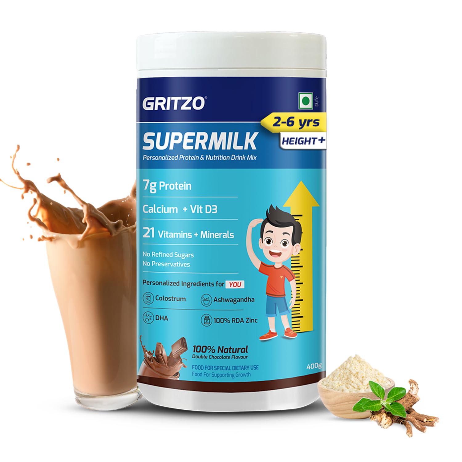 Gritzo Supermilk Height+ For 2-6Y Boys/Girls - Double Chocolate Flavor - Safuron