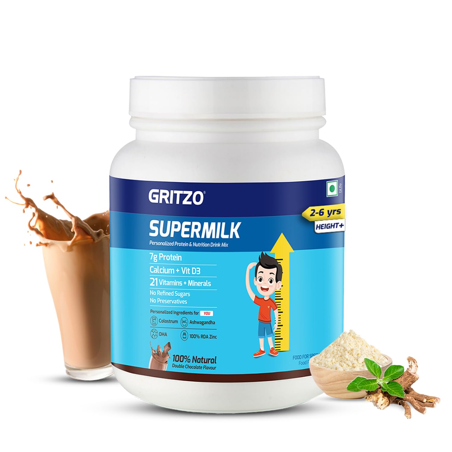 Gritzo Supermilk Height+ For 2-6Y Boys/Girls - Double Chocolate Flavor - Safuron