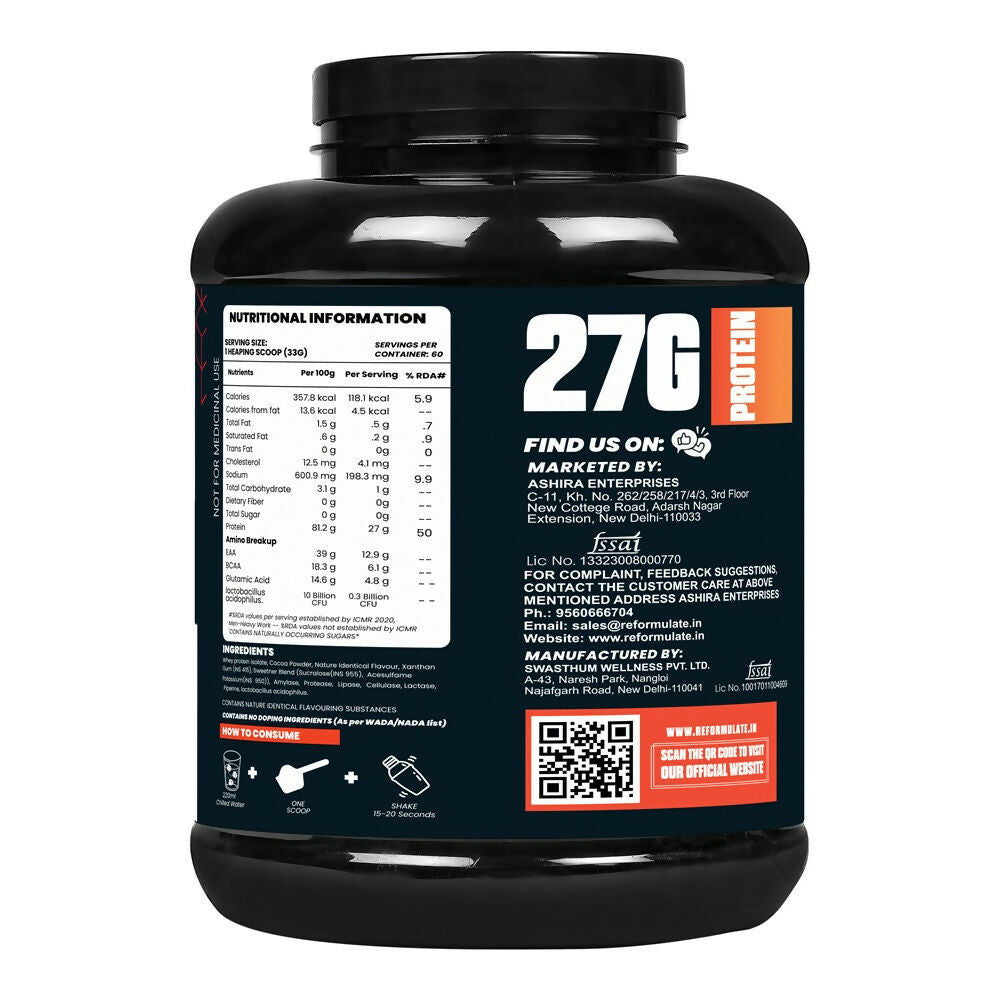 Reformulate I Isoform I Whey Isolate I Your Daily Meal Replacement Formula I 27G Protein | 6.1G BCAA | 12.9G EAA | O g Sugar - Chocolate Reformulate