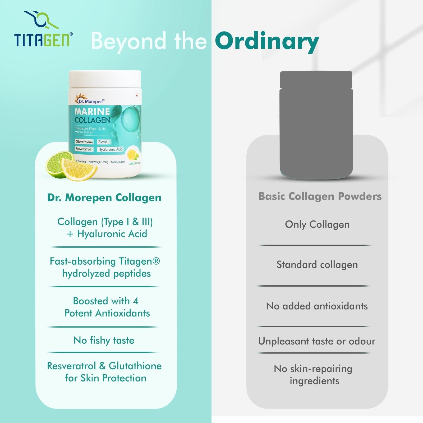 Dr. Morepan Marine Collagen Powder with Glutathione, Hyaluronic Acid, Resveratrol & Biotin Lemon Lime Flavour Dr. Morepen
