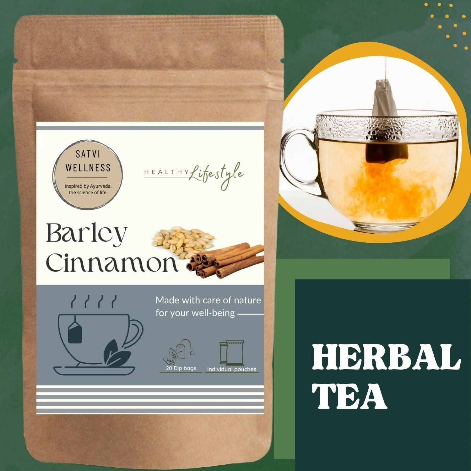 Satvi Wellness Barley Cinnamon Tea | Barley Seed With Ginger Herbal Tea Bags Satvi Wellness
