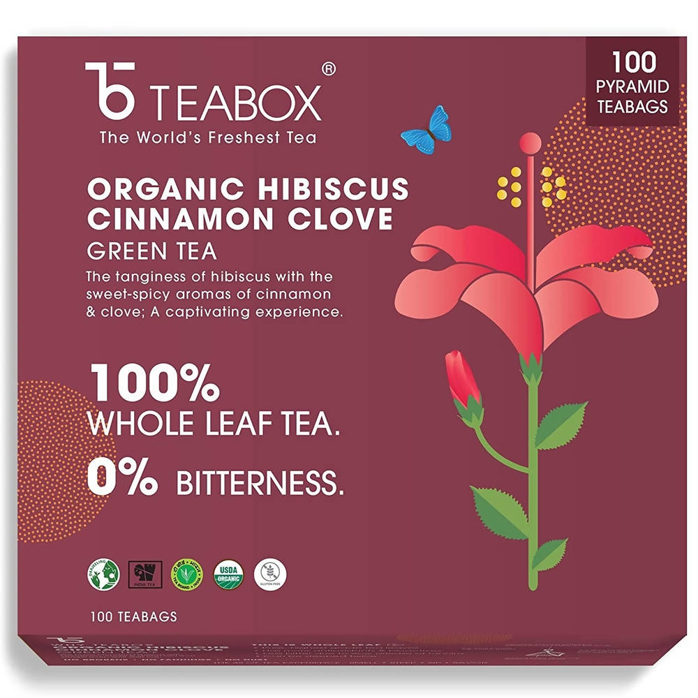 Teabox Organic Hibiscus Cinnamon Clove Green Tea Bags Teabox