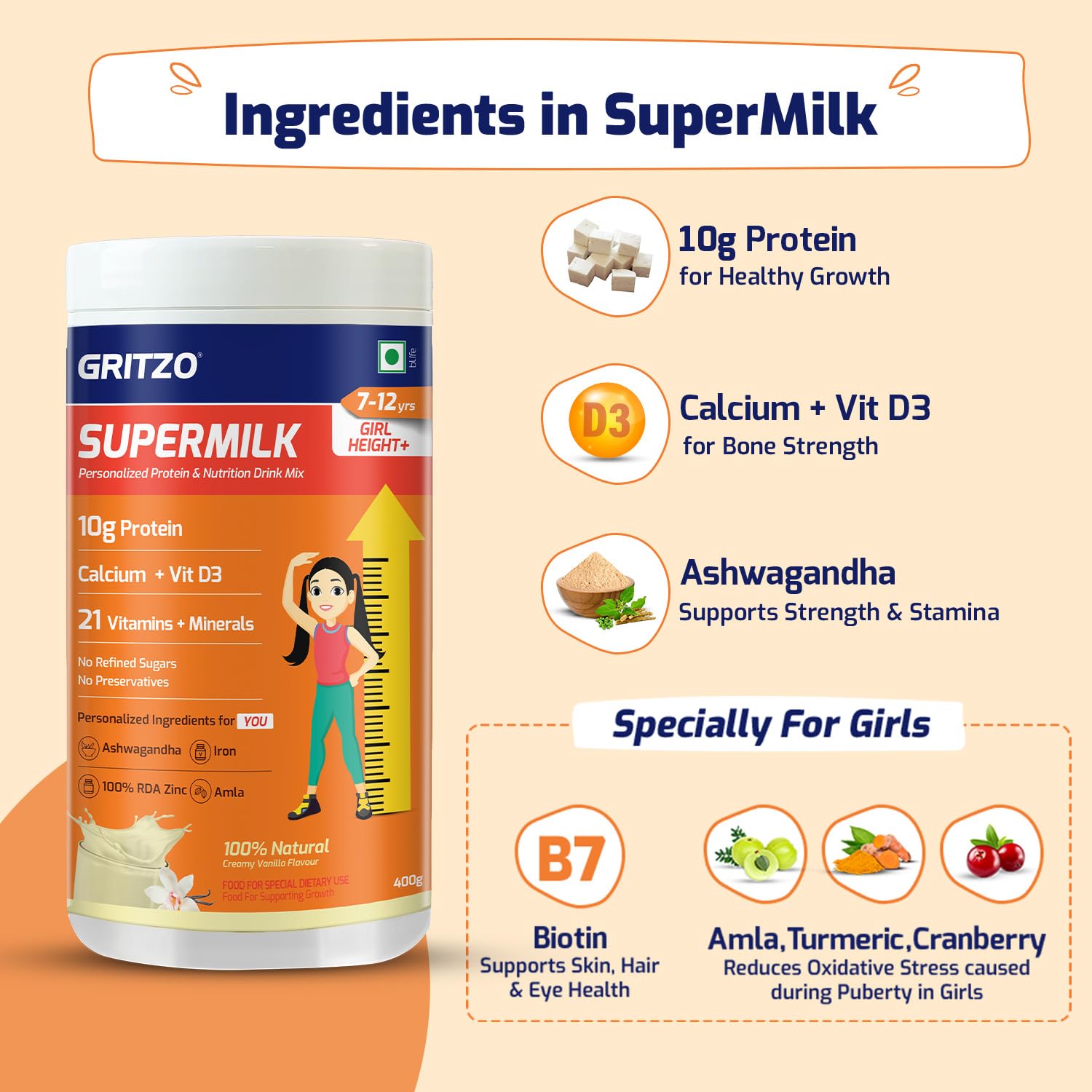 Gritzo SuperMilk Height+ (7-12y Girls), 10g Protein (Creamy Vanilla) Gritzo