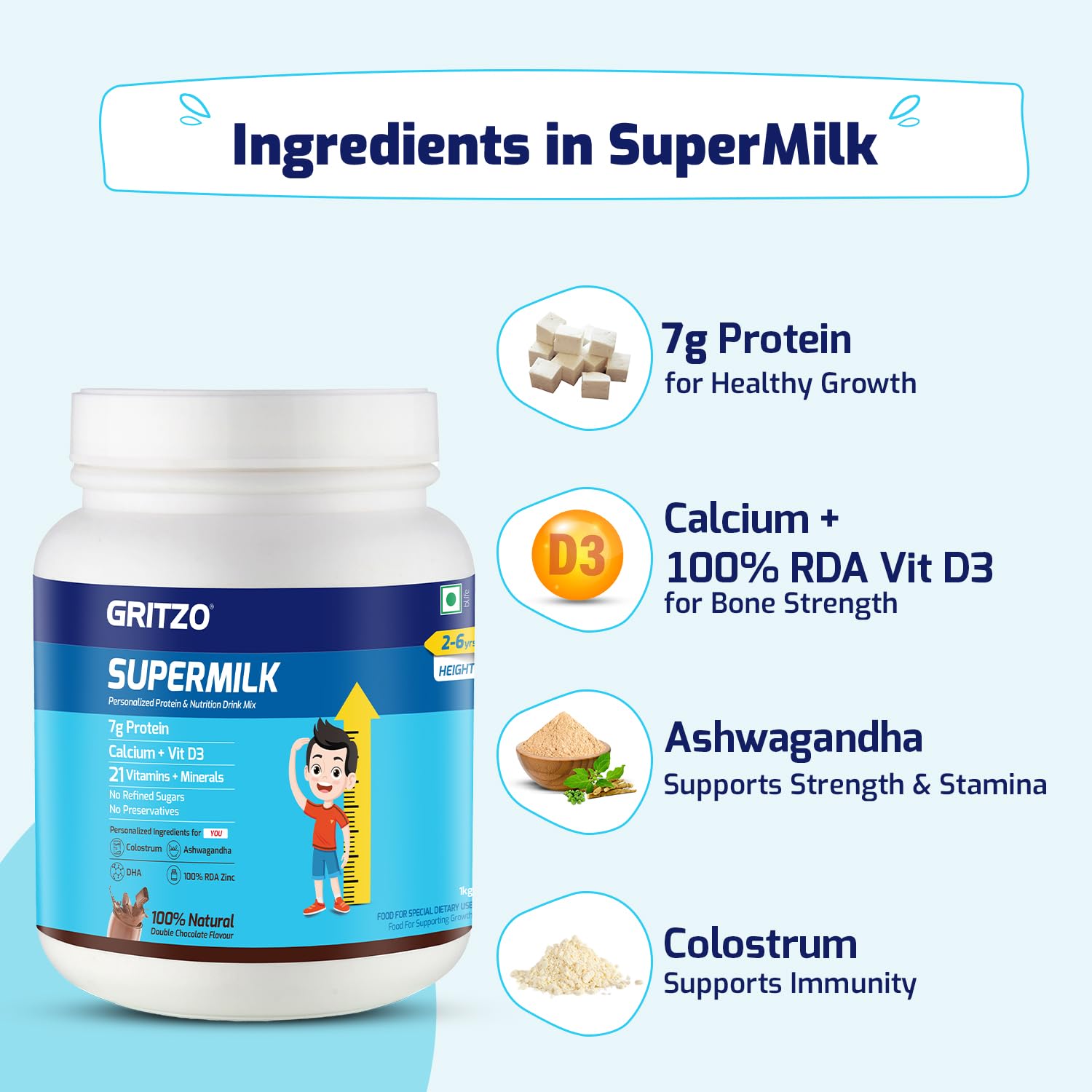 Gritzo Supermilk Height+ For 2-6Y Boys/Girls - Double Chocolate Flavor Gritzo