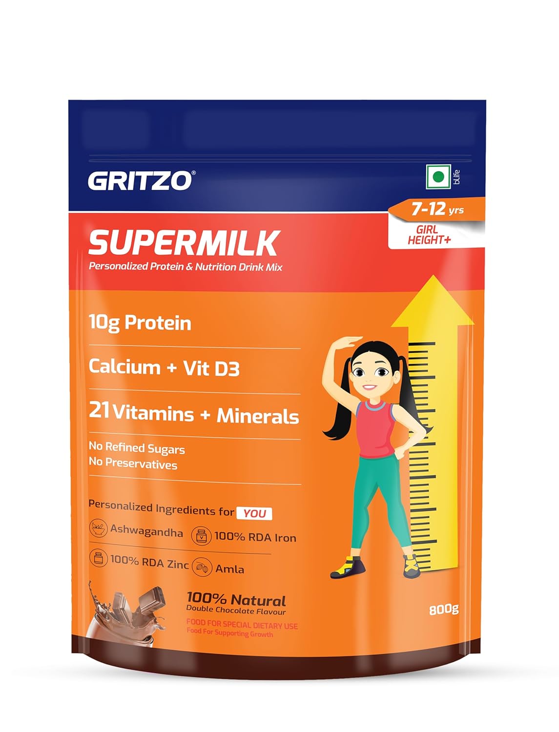 Gritzo SuperMilk Height+ Health Drink for 7-12y Girls - Double Chocolate Flavor - Safuron