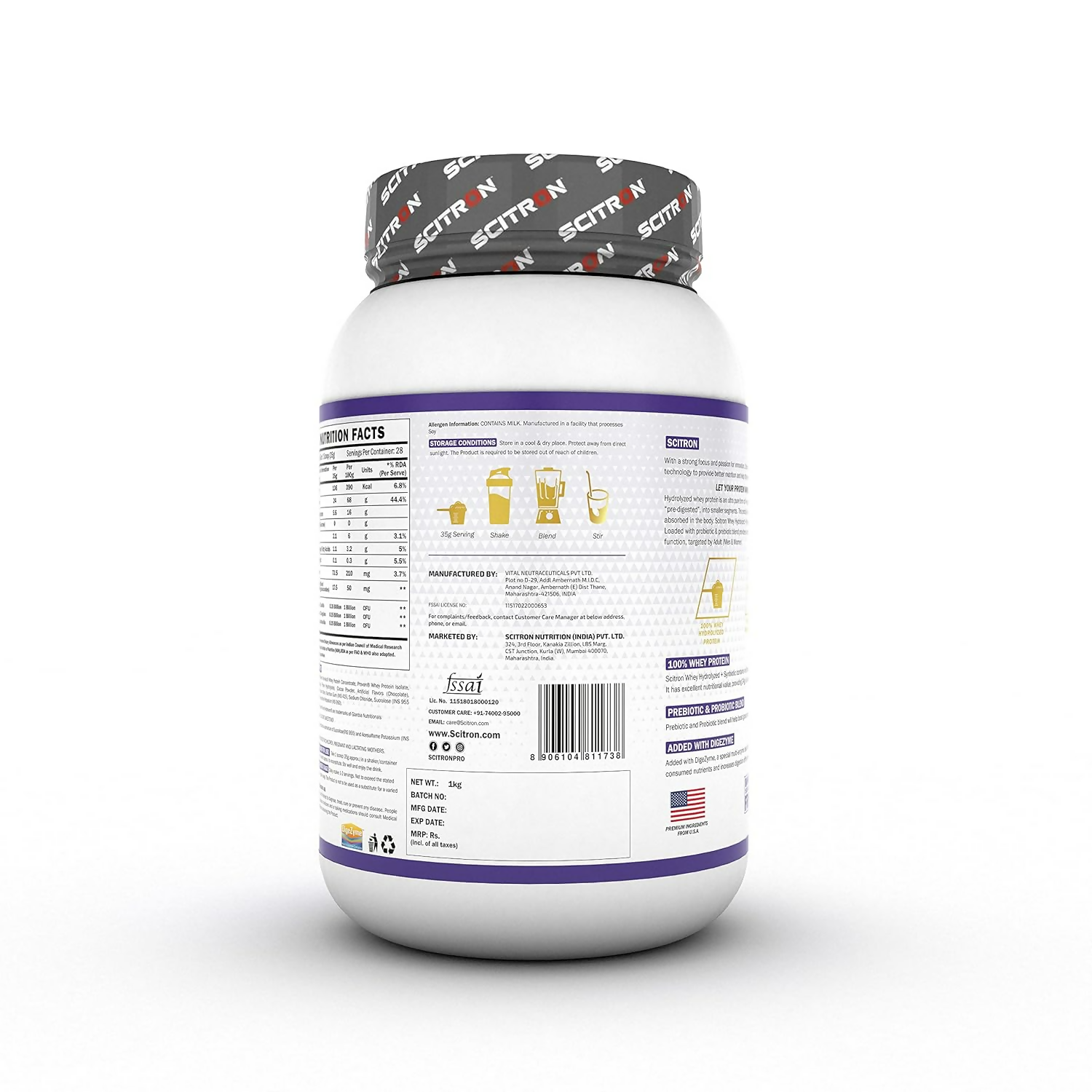 Scitron Whey Hydrolyzed Synbiotic 100% Hydrolyzed Protein Powder Chocolate Flavor Scitron