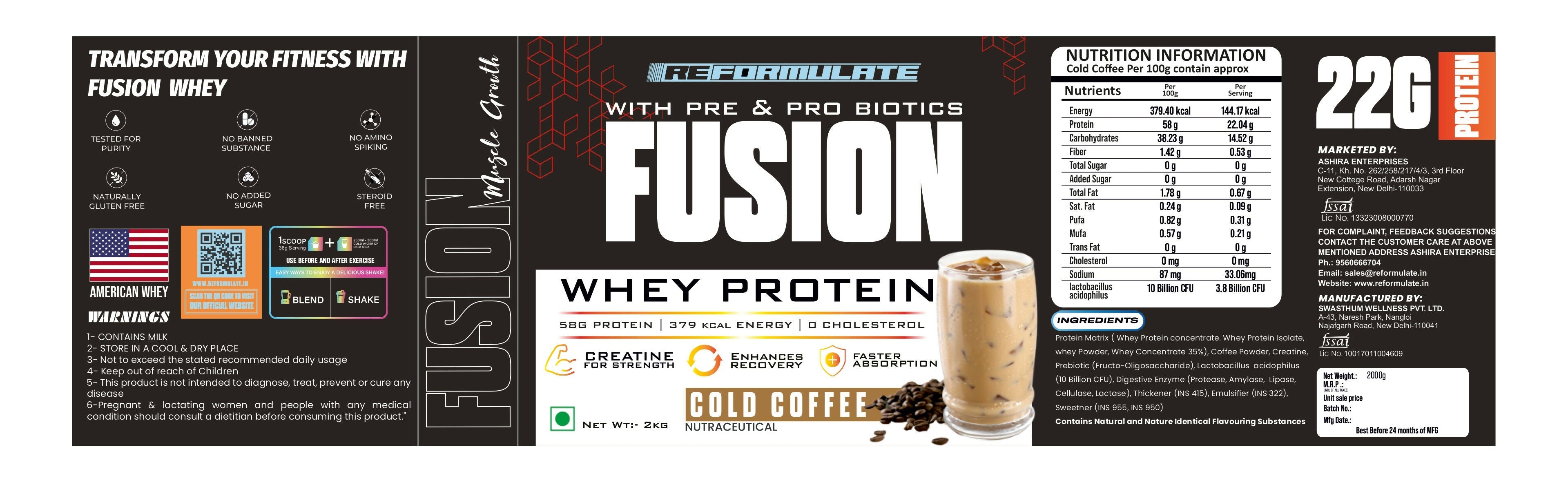 Reformulate Fusion Whey Protein With Pre & Pro Biotics I Muscle Growth I 58G Protein | 379 Kcal Energy - Cold Coffee Reformulate