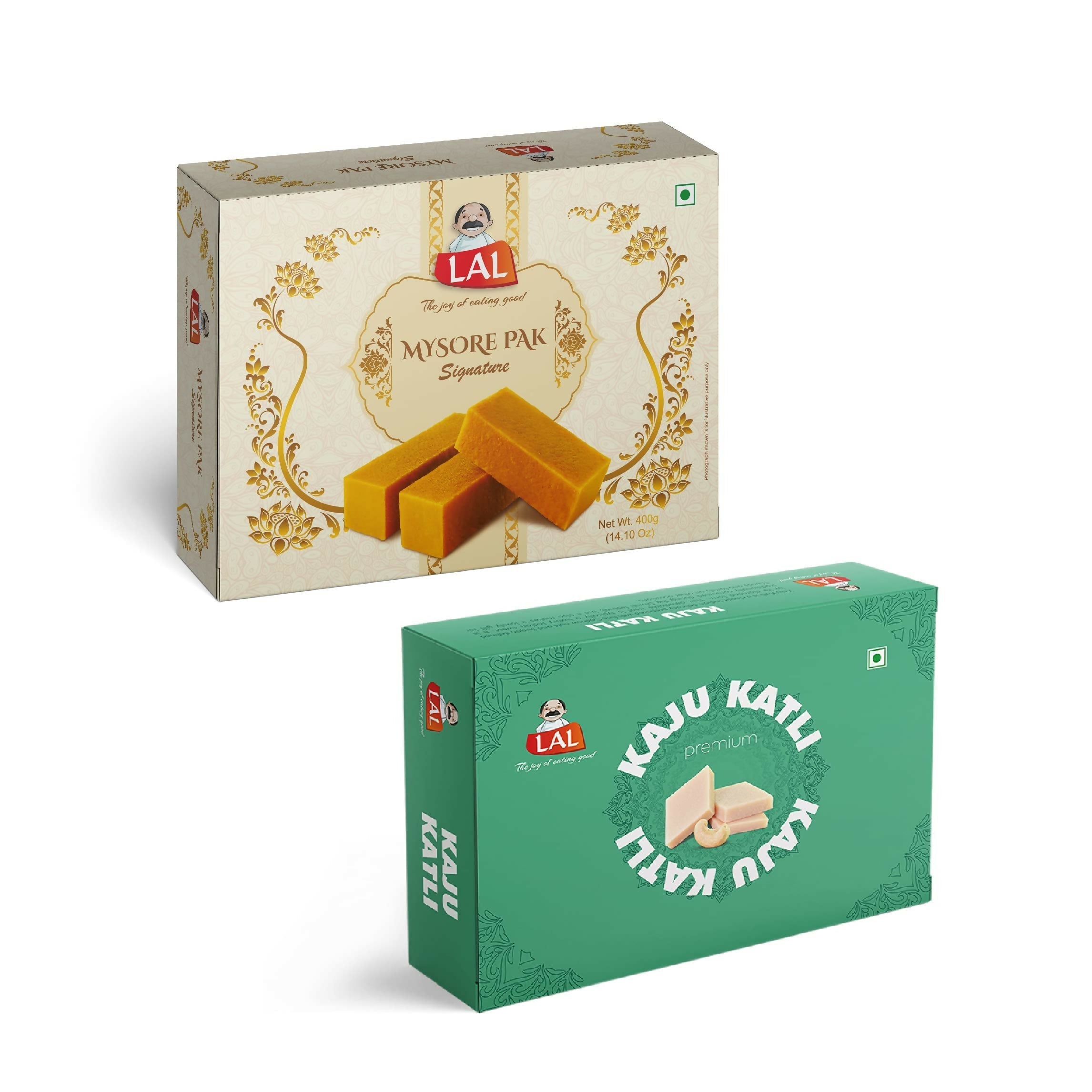 Lal Sweets Combo Pack - Mysore Pak Signature 400Gm And Kaju Katli 400 Gm Gift Pack | Desi Cow Ghee Indian Sweets | Mithai Box Lal Sweets