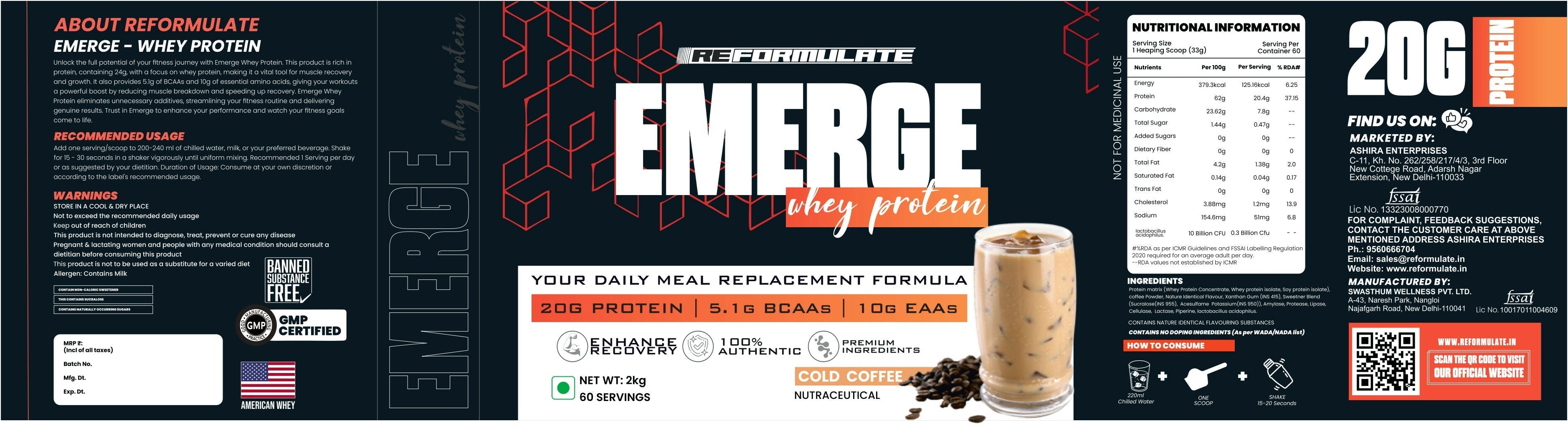 Reformulate Emerge I Whey Protein I Your Daily Meal Replacement Formula I 20 G I Protein I 5.1 G Bcaa's I 10 G Eaa's - Cold Coffee Reformulate