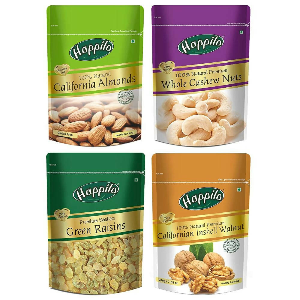 Happilo Premium Californian Almonds, Whole Cashews, Raisins & Walnuts Inshell Combo - Safuron