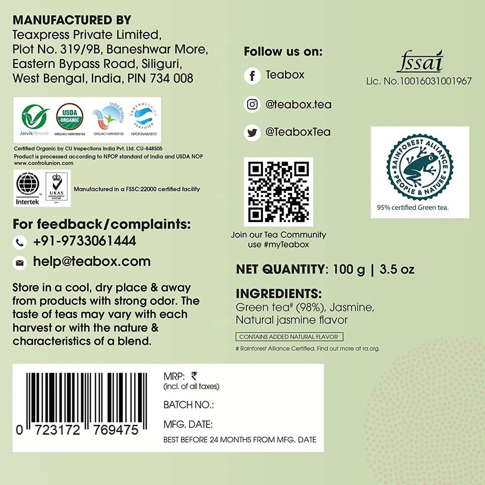 Teabox Organic Jasmine Green Tea Loose Leaves Teabox