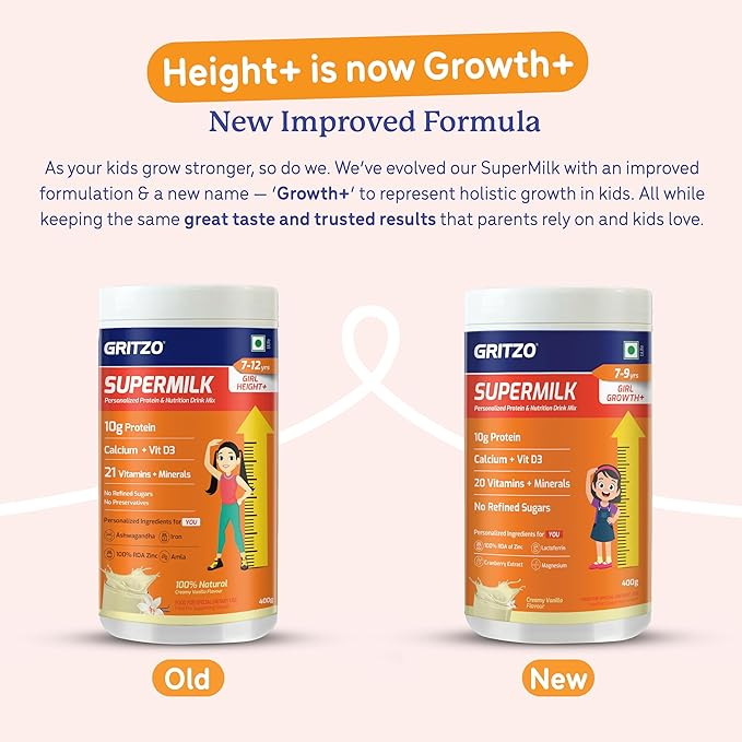 Gritzo SuperMilk Height+ (7-12y Girls), 10g Protein (Creamy Vanilla) Gritzo