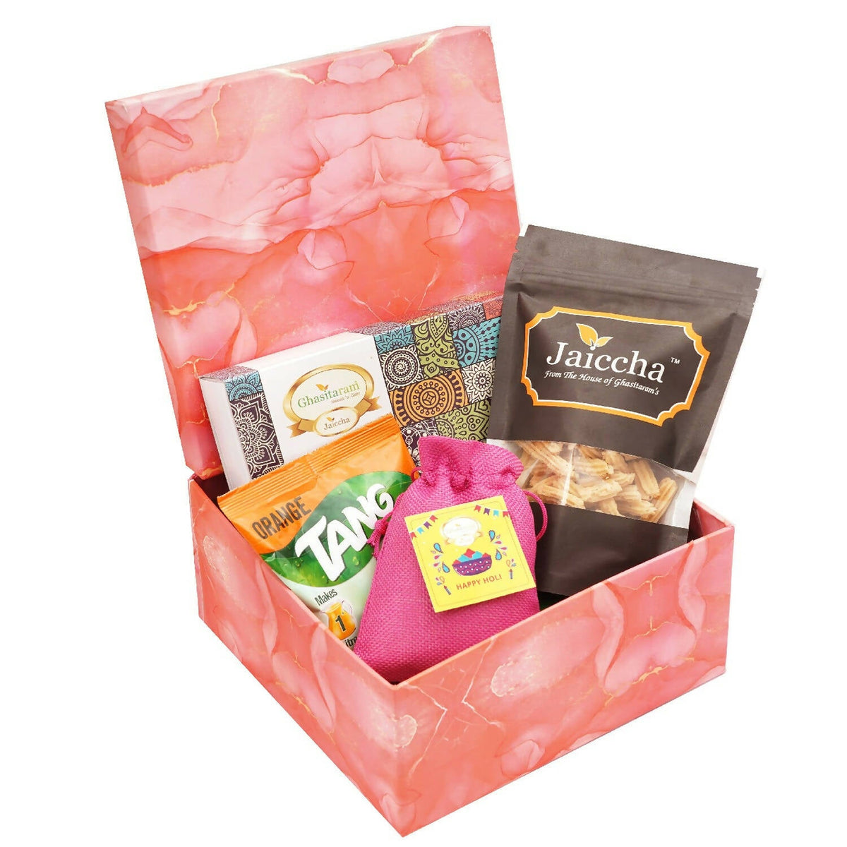 Ghasitaram Colourful Holi Box of Gujiyas, Butter Chakli, and Thandai - Safuron