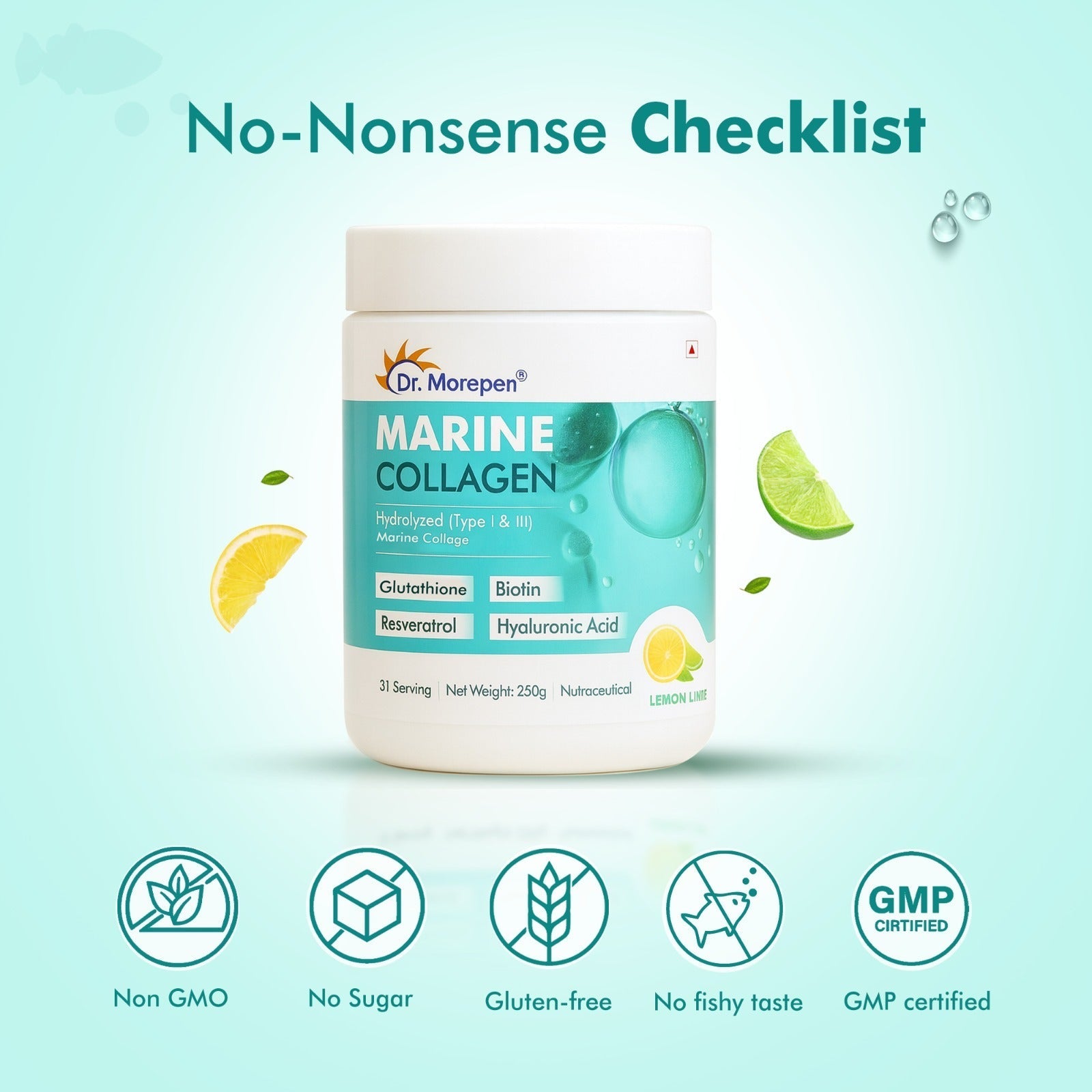 Dr. Morepan Marine Collagen Powder with Glutathione, Hyaluronic Acid, Resveratrol & Biotin Lemon Lime Flavour Dr. Morepen