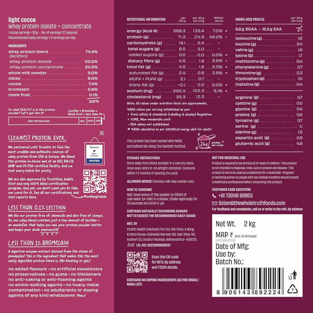 The Whole Truth Whey Protein Isolate+Concentrate - Light Cocoa The Whole Truth
