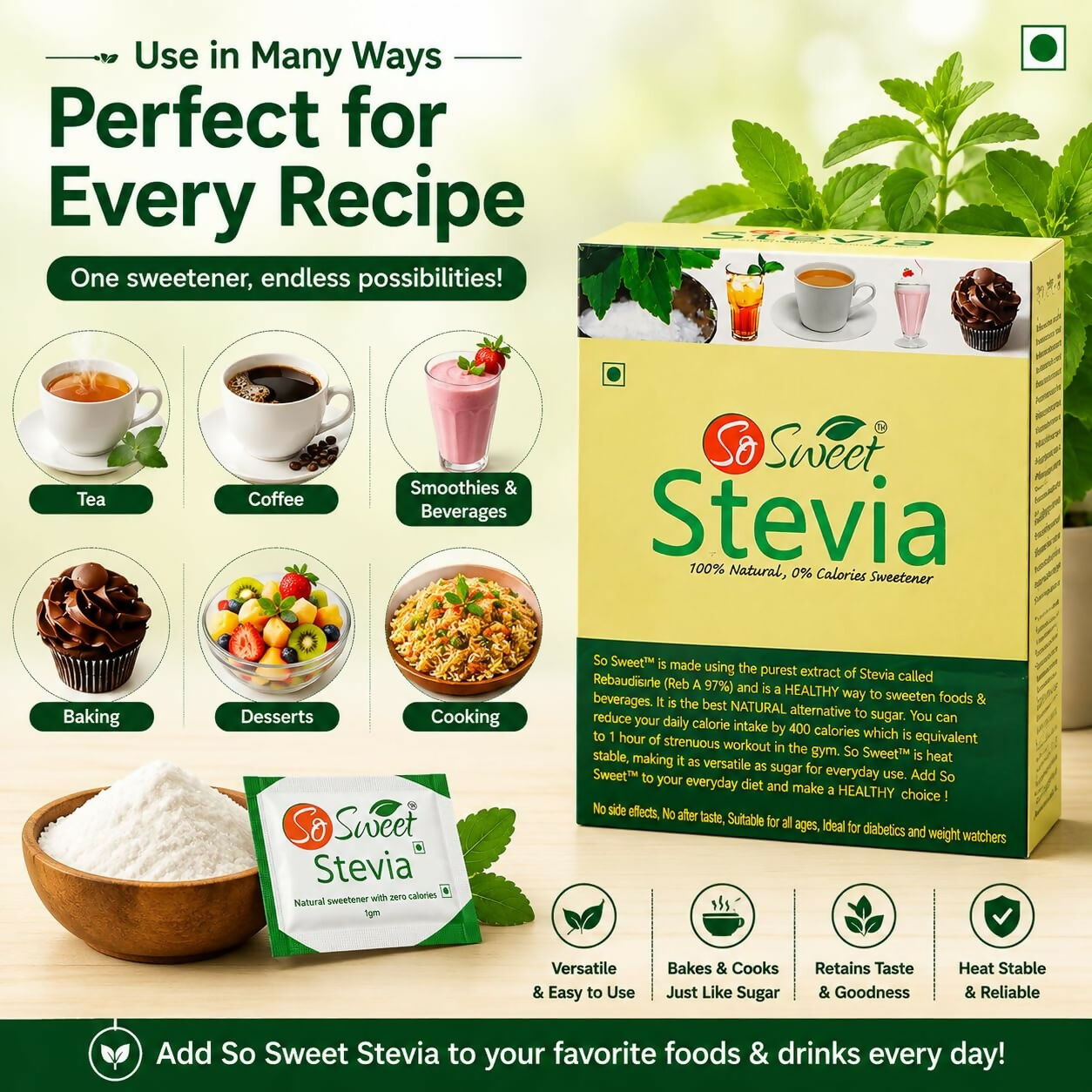So Sweet Stevia Sachets -50 Sugar Free Natural Sweetener So Sweet