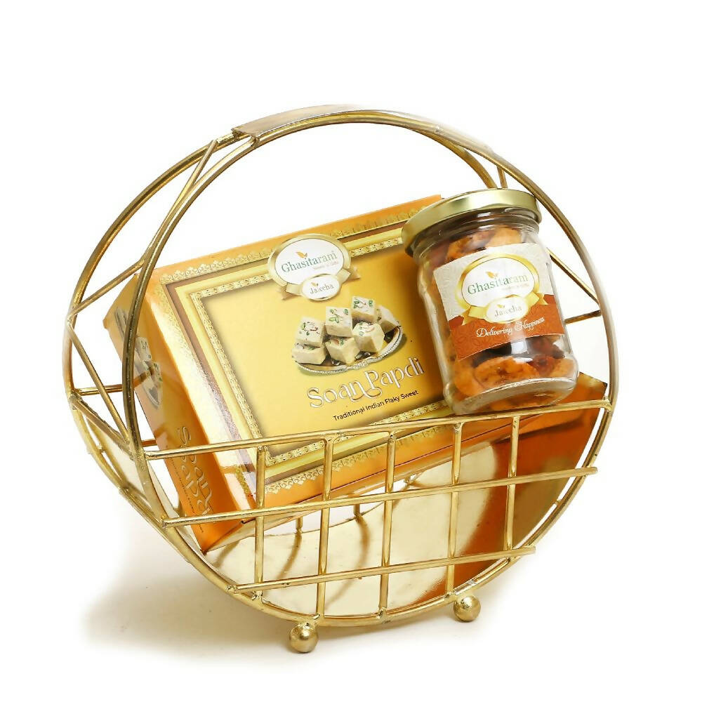 Ghasitaram Half Moon Metal Basket of Mix Dryfruits, Soan Papdi - Safuron