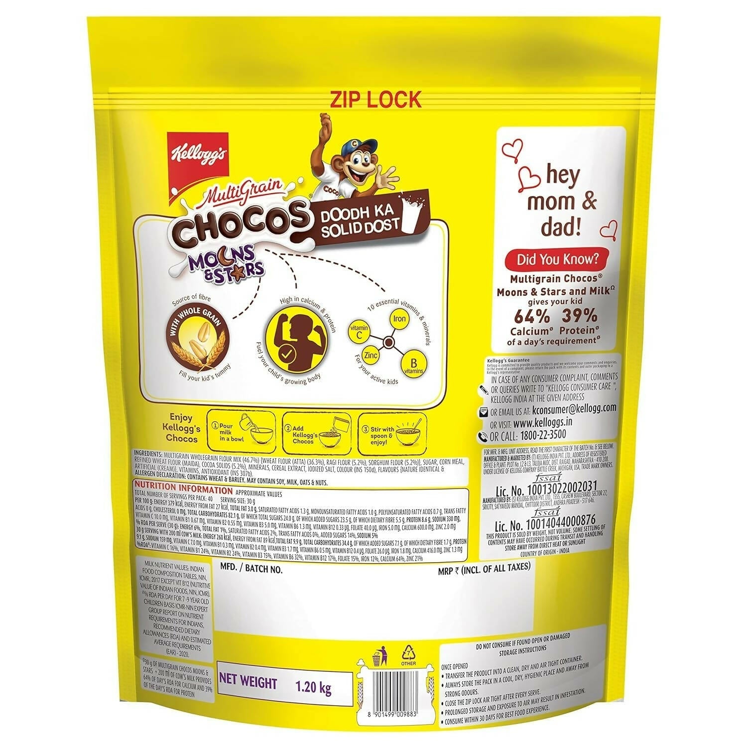 Kellogg's Multigrain Chocos Moons & Stars, High In Calcium & Protein,Essential Vitamins,Iron & Immuno Nutrients Kellogg's