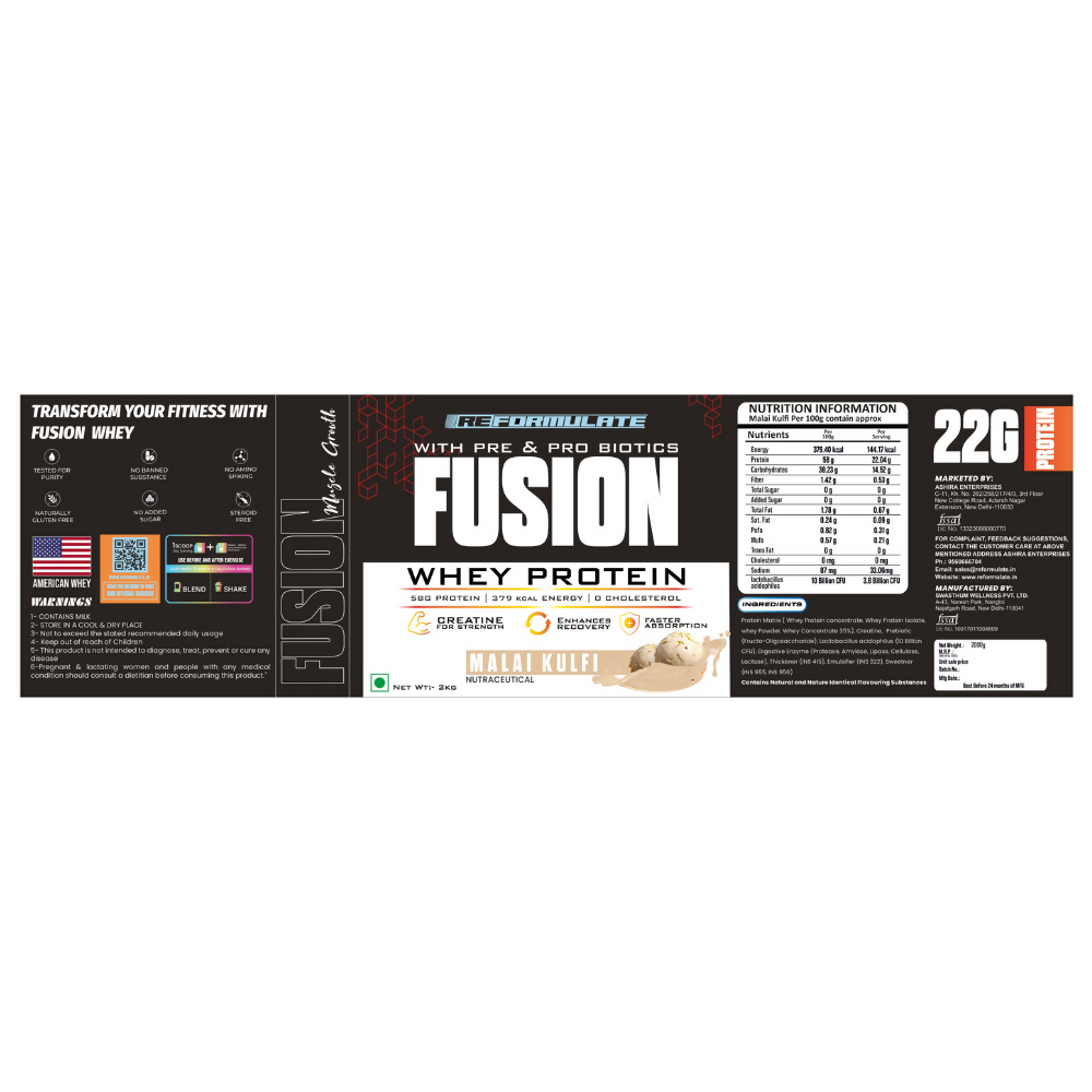 Reformulate Fusion Whey Protein With Pre & Pro Biotics I Muscle Growth I 58G Protein | 379 Kcal Energy - Malai Kulfi Reformulate