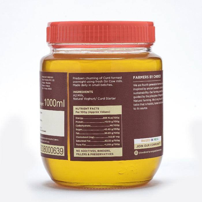 Two Brothers Organic Farms A2 Gir Cow Cultured Ghee | Cultured Cow Desi Ghee | Curd-Churned Bilona Ghee | Pure, Natural, and Healthy Two Brothers Organic Farms
